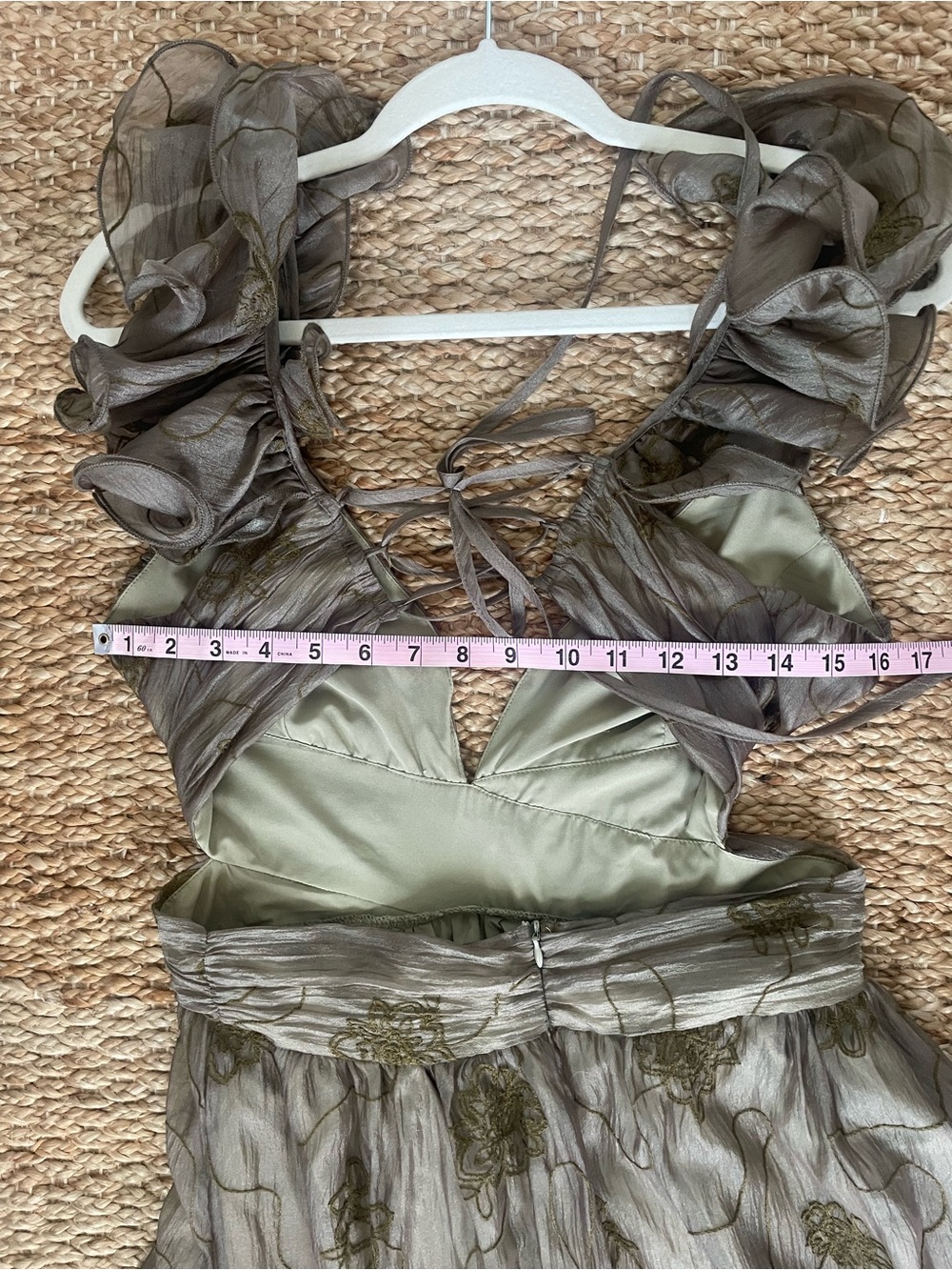 Storia Backless Corset Ruffled Maxi Dress in Olive-Taupe-Gold Wedding Guest READ - Picture 7 of 13